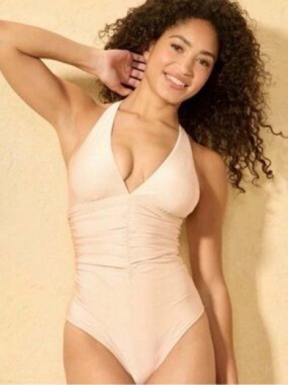 Shade & Shore Shimmer Champagne Halter One-Piece Swimsuit